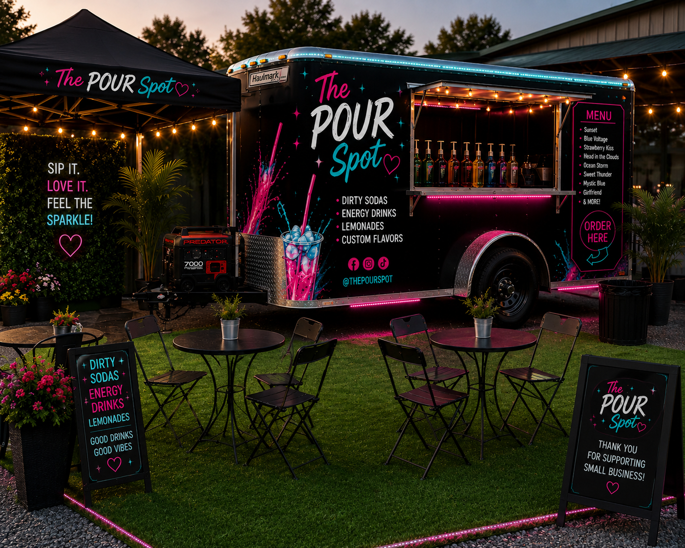 The Pour Spot mobile drink trailer lit up at night